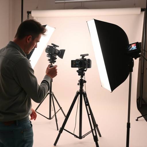 Blog post image: A photographer setting up lighting equipment in a studio.