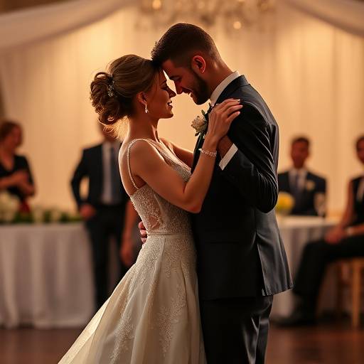 Blog post image: A wedding couple embracing during their first dance, illuminated by soft lighting.