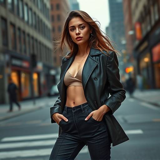 Package photo shoot: A fashion model striking a pose in an urban setting.