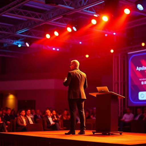 Package photo shoot: A vibrant shot of a conference speaker presenting on stage.